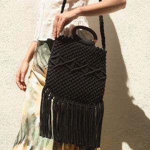 Danielle Nicole black macrame Crossbody bag with wooden handles